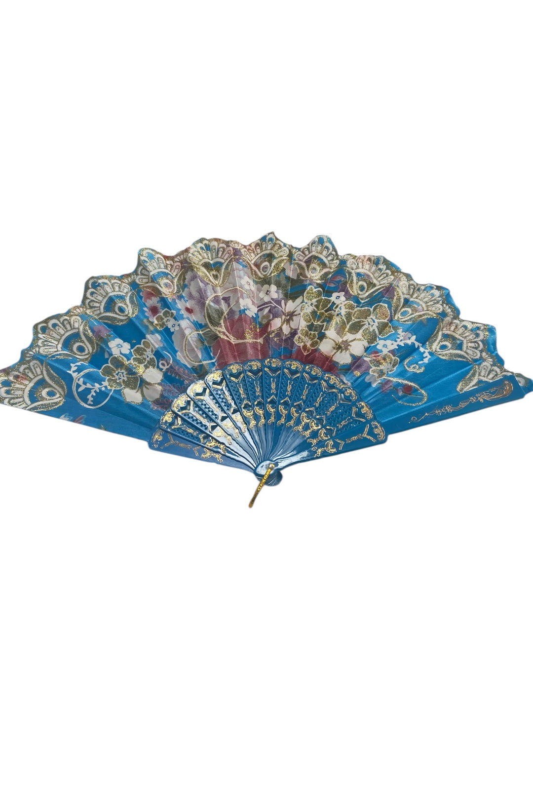 Blue and Gold Hand Fan With Flowers