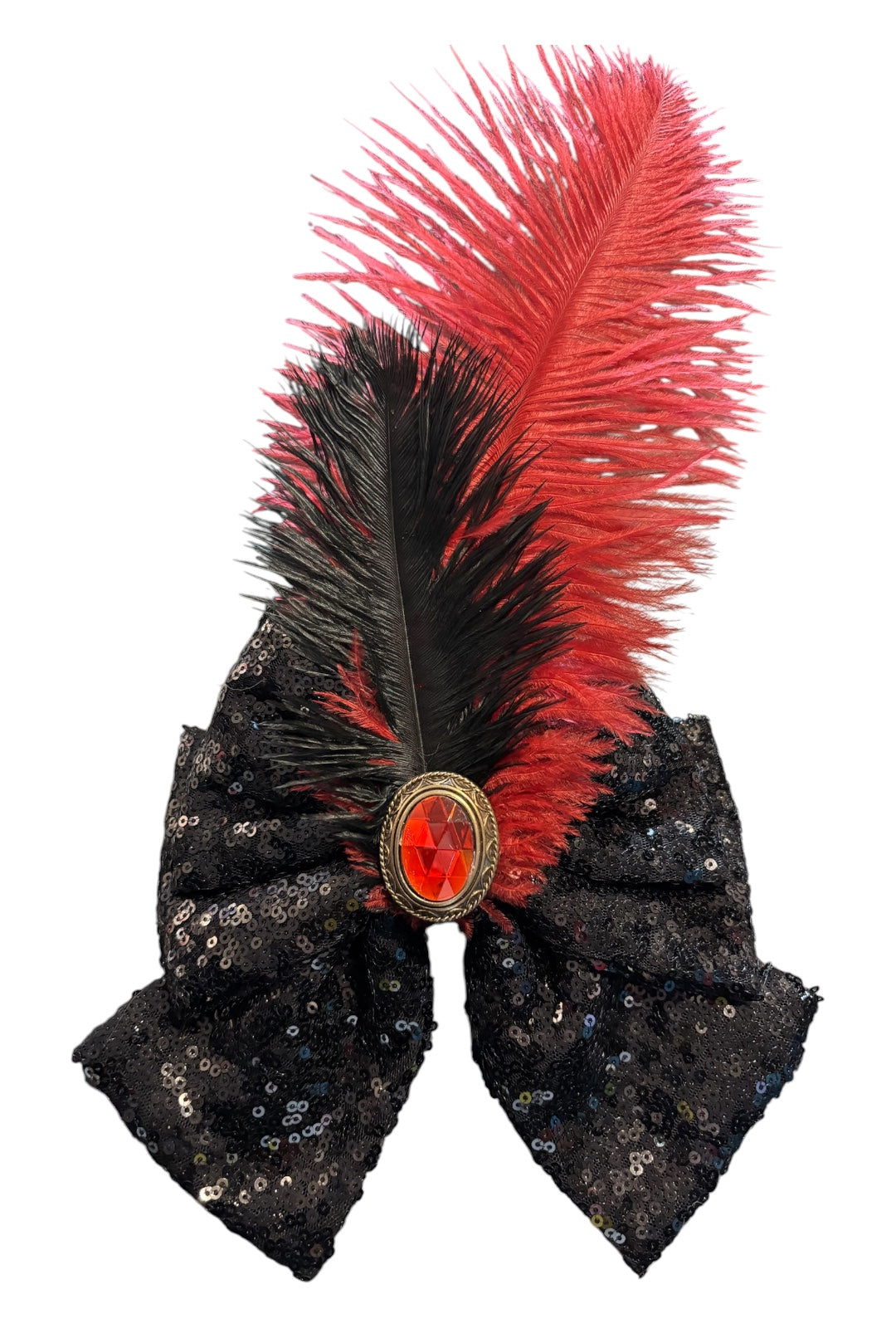 Black Sequin Bow With Red Feather