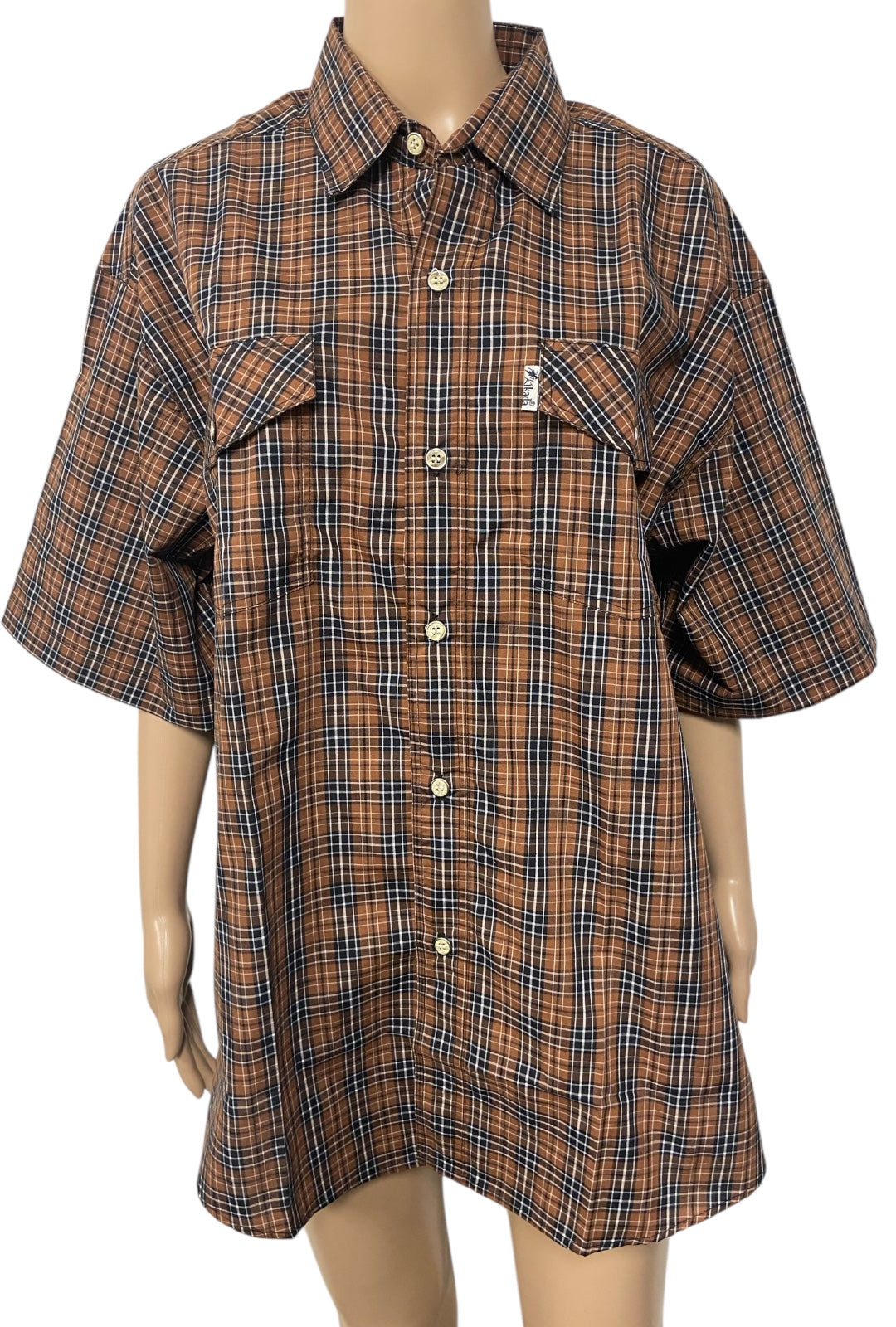 Brown Button Sleeve Collar Multi Color Plaid Top main image 1