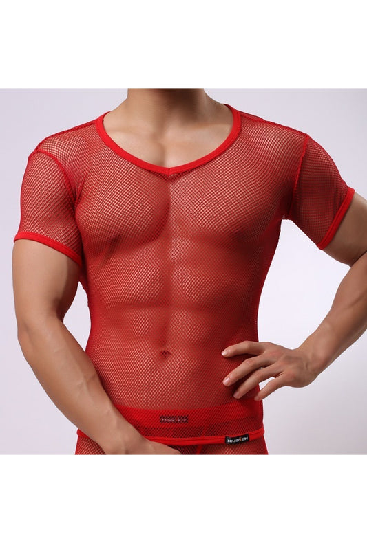 Men's Red Fishnet V-Neck T-Shirt