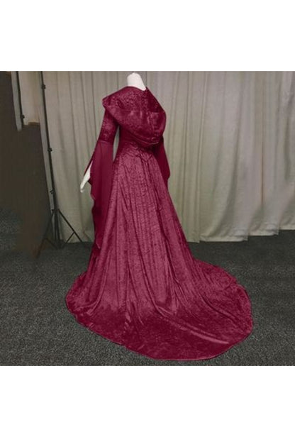 Red Hooded Velvet Medieval Dress