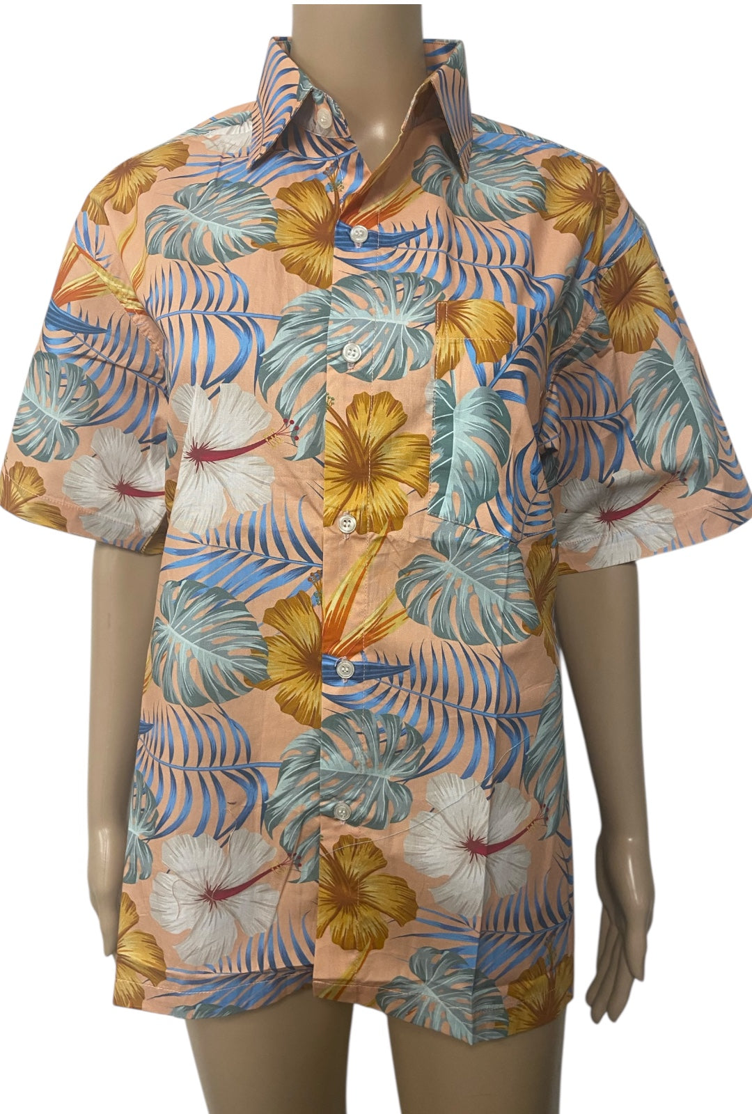 Peach Tropical Hibiscus Print Button Down Shirt