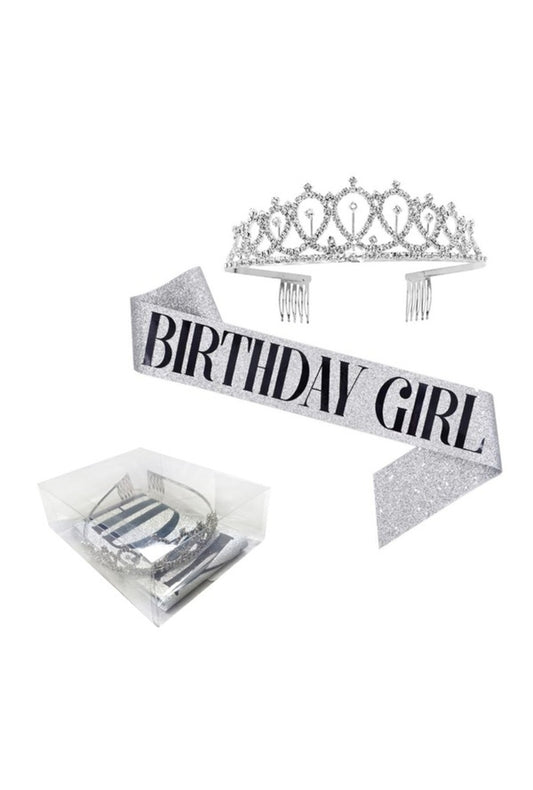 Silver Birthday Girl Tiara and Sash Set
