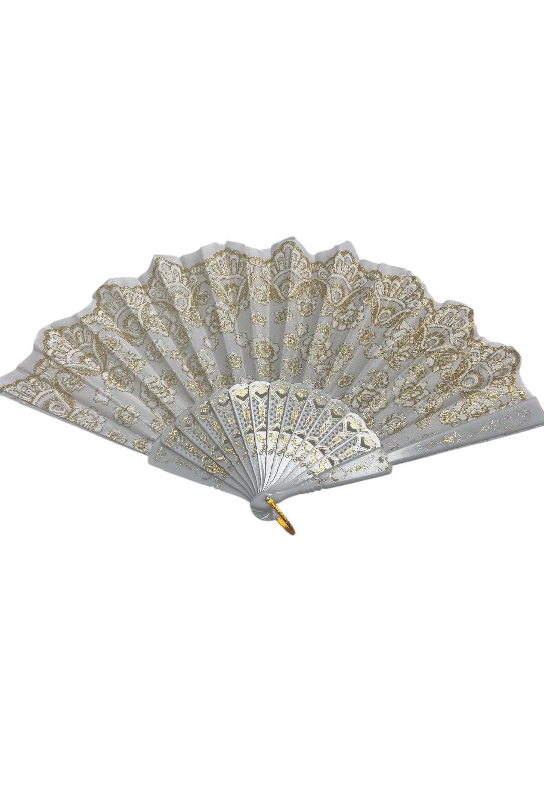 White and Gold Hand Fan With Gold Glitter Detail (N)