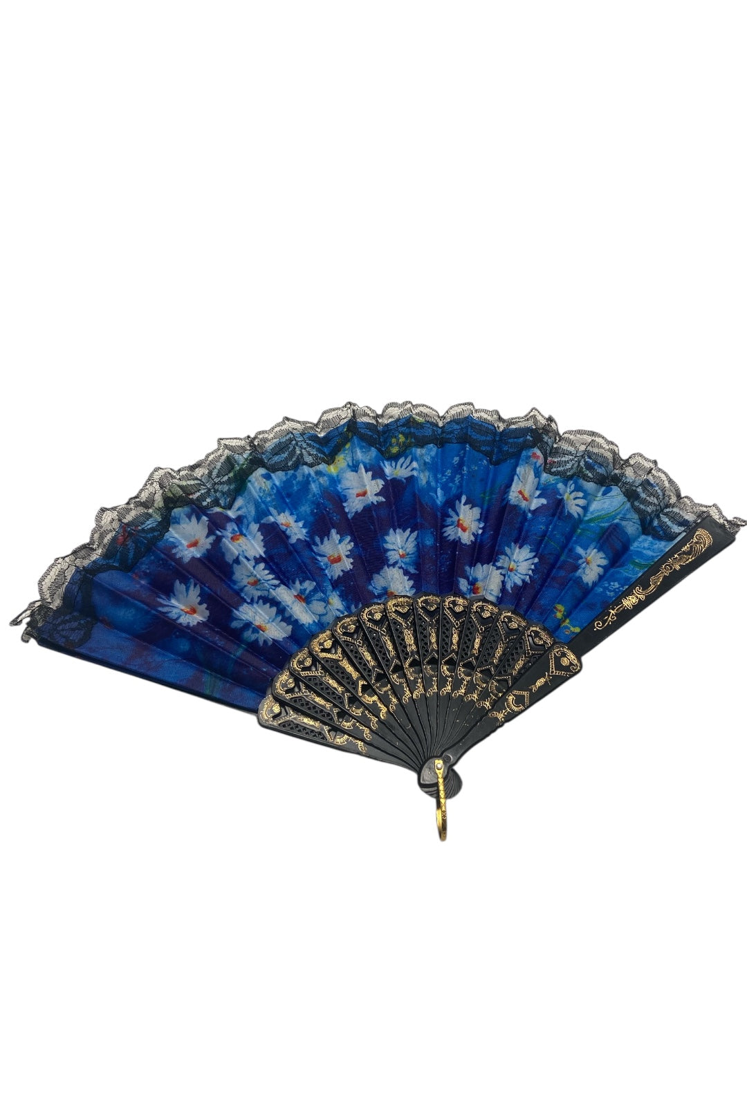 Black and Gold Hand Fan With Blue and White Watercolour Daisies (E)
