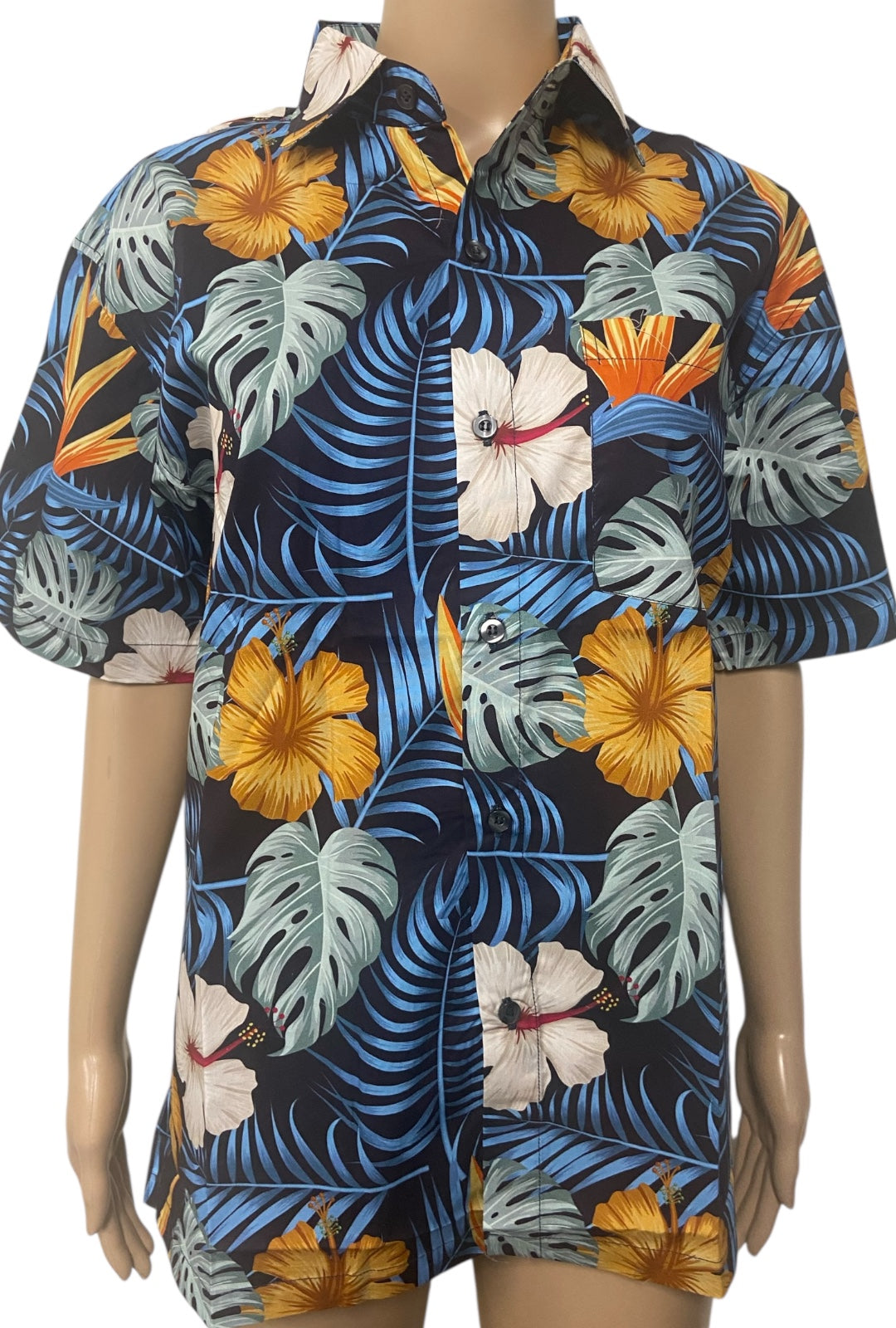 Navy Tropical Hibiscus Print Button Down Shirt
