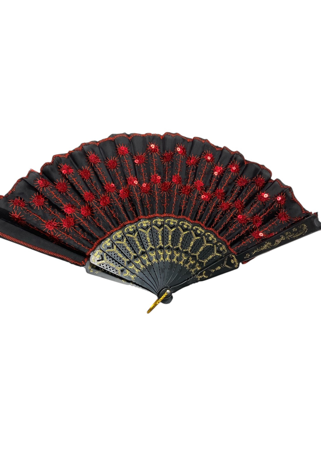 Black Hand Fan With Red Sequins