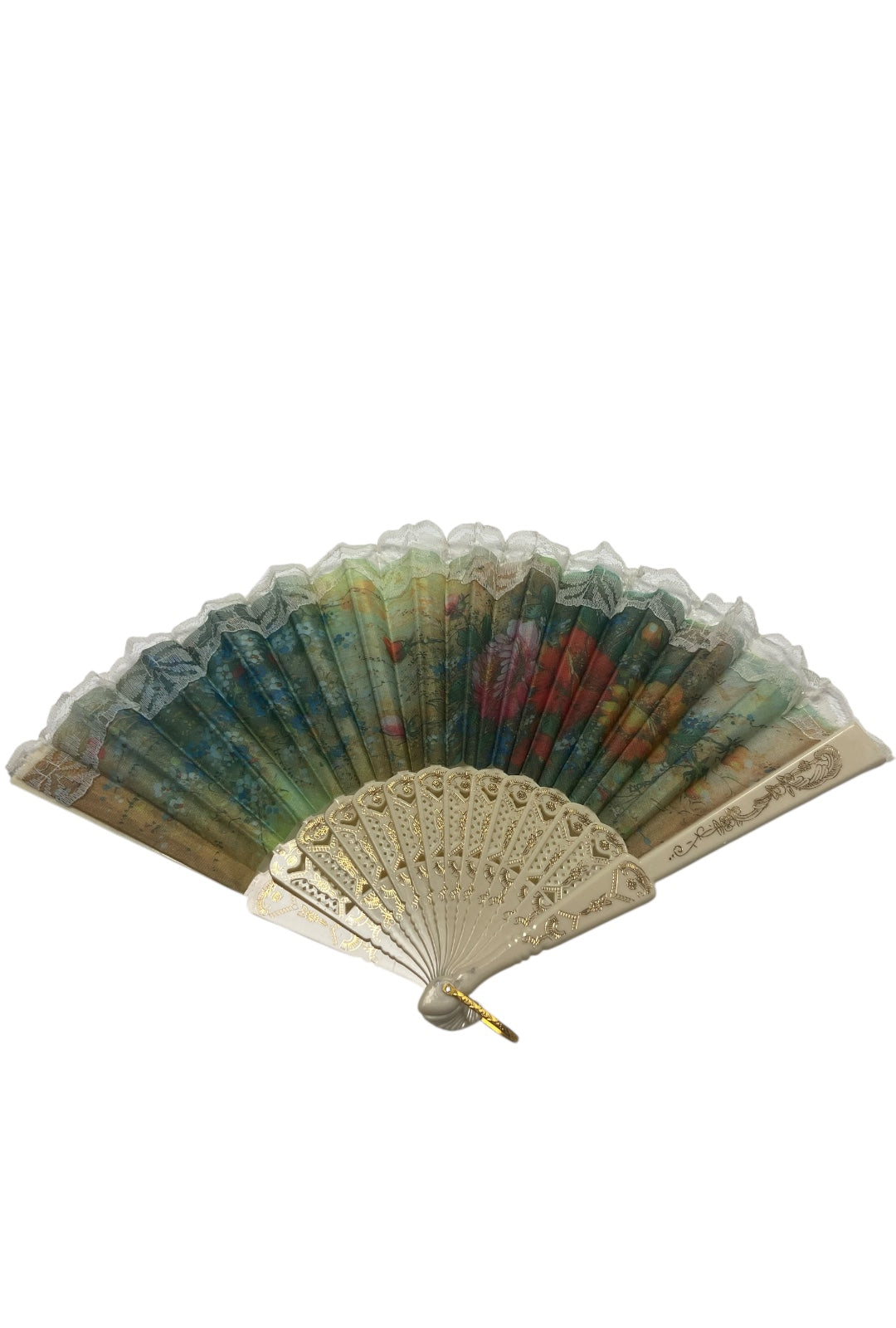 Cream and Gold Hand Fan With Pink, Red and Yellow Watercolour Flowers (R)