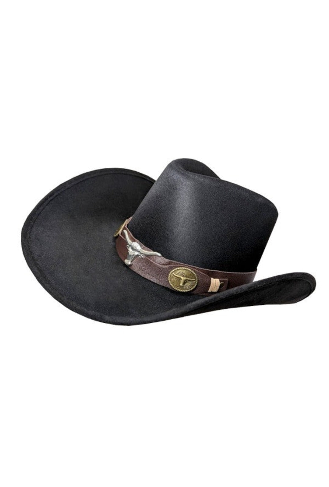 black cowboy hat with brown leather detail and animal decal cowboy yellowstone
