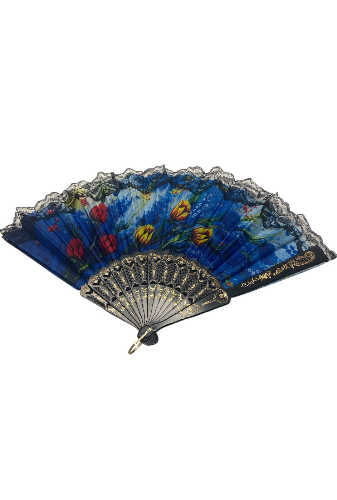 Black and Gold Hand Fan With Yellow and Red Watercolour Tulips (D)
