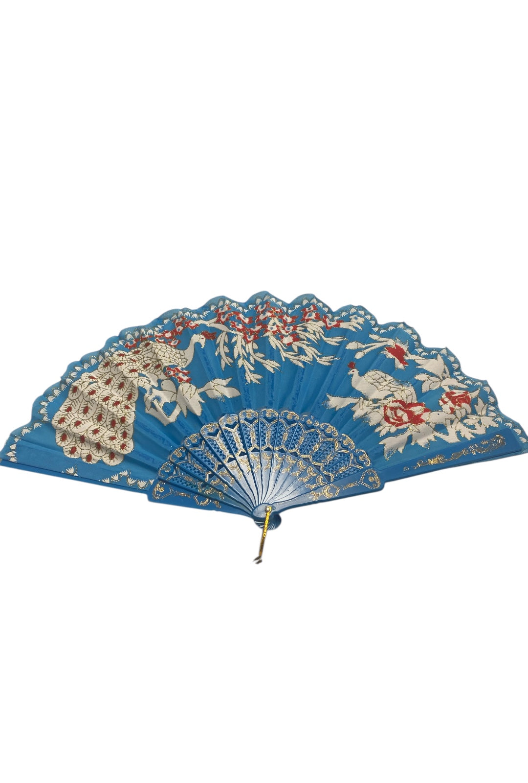 Blue and Gold Hand Fan With Peacock and Roses