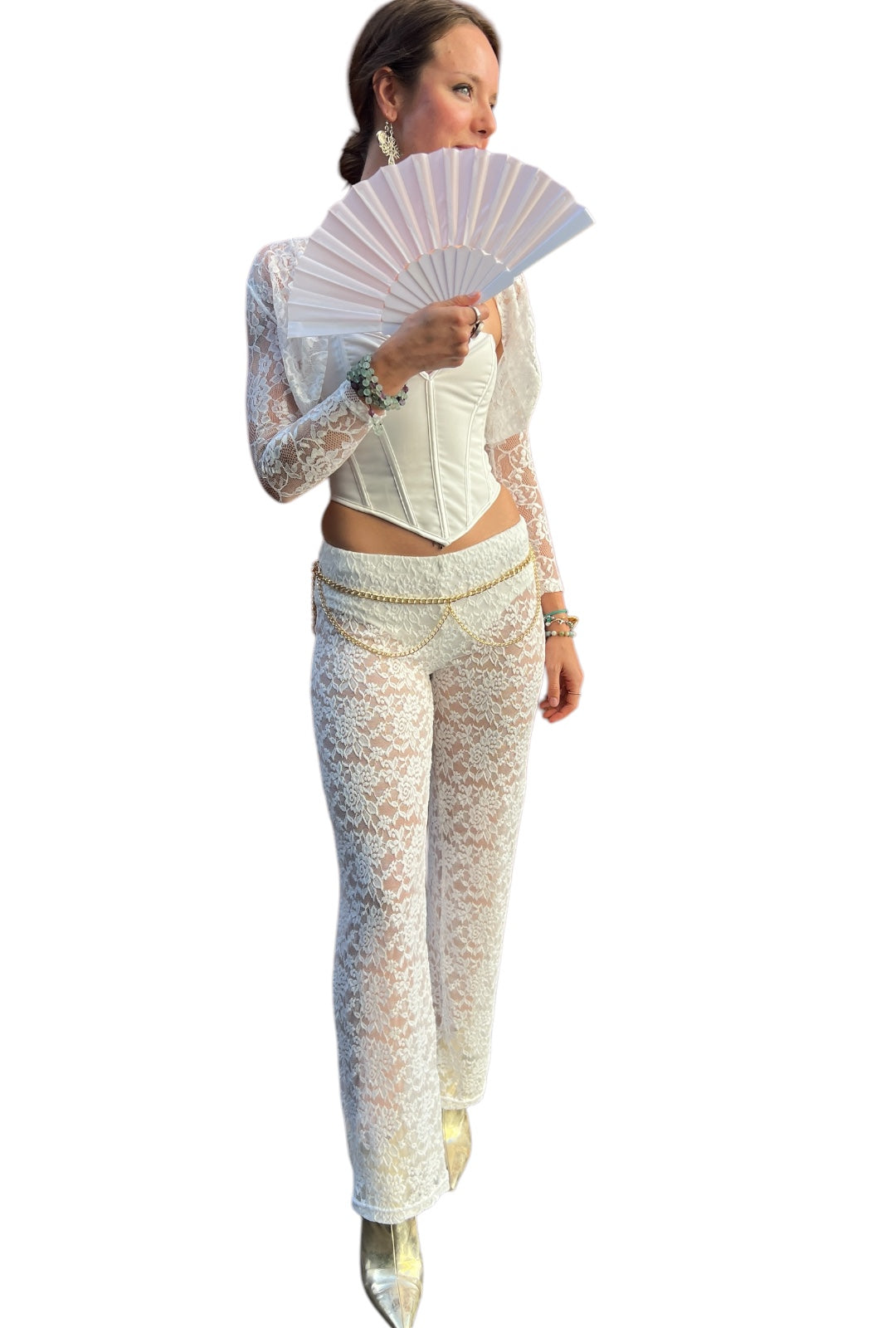 white lace straight leg pants floral pattern festival wear