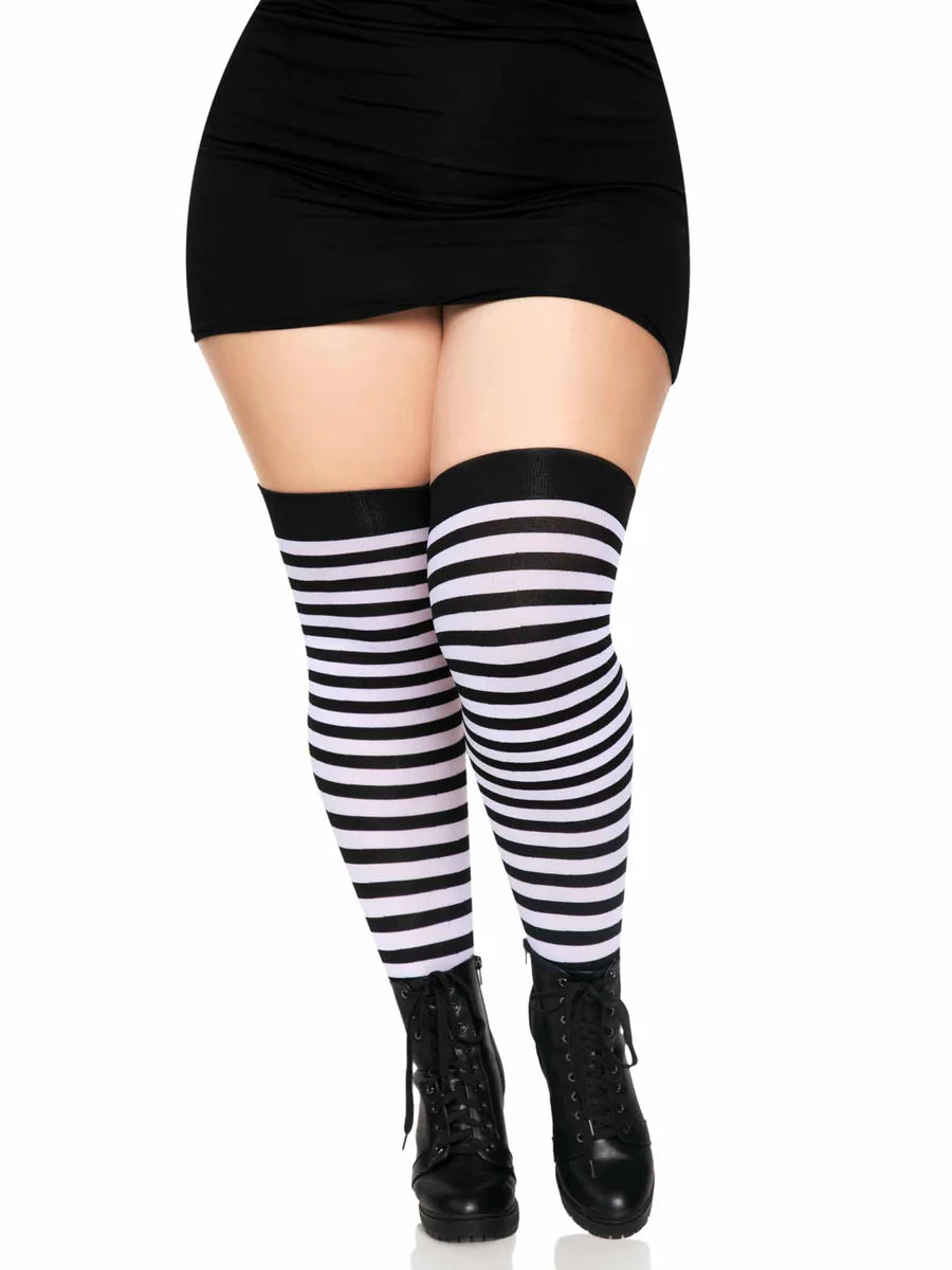 Plus Size Black and White Striped Thigh Highs