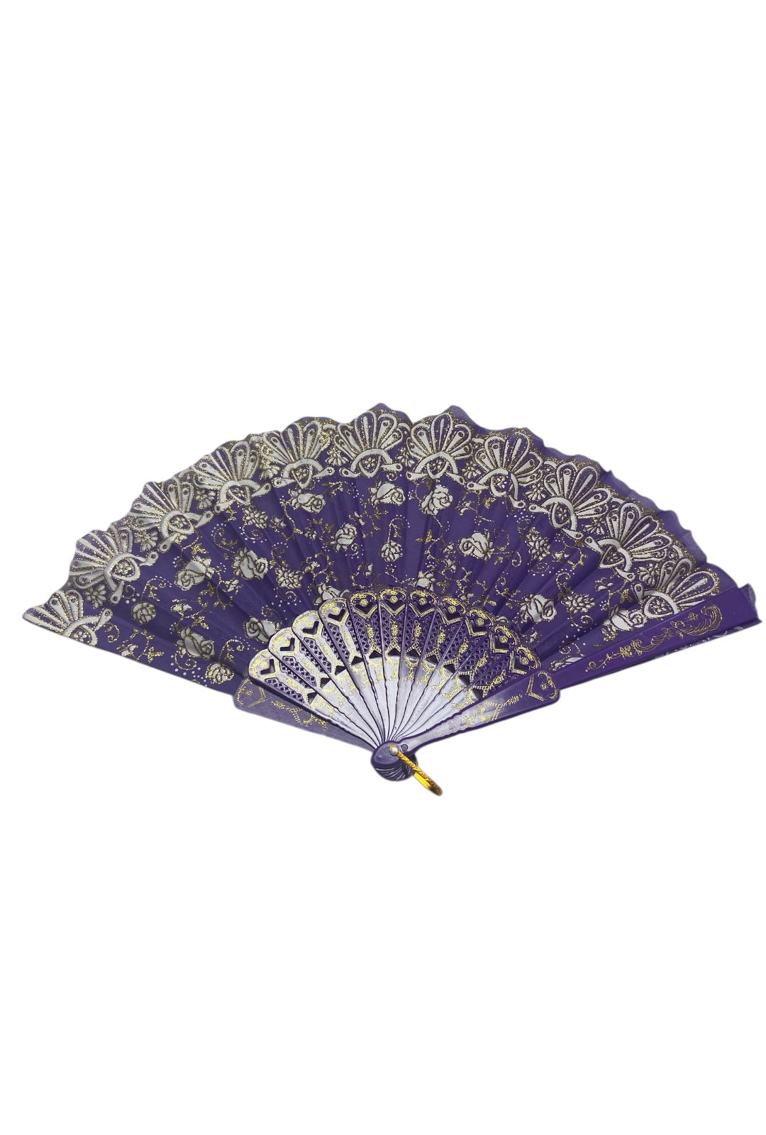Purple and Gold Hand Fan With Roses