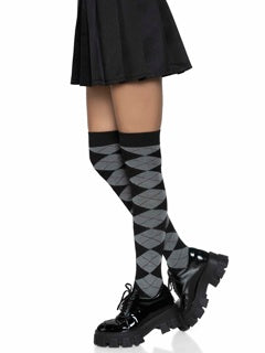 Grey Argyle Over The Knee Socks