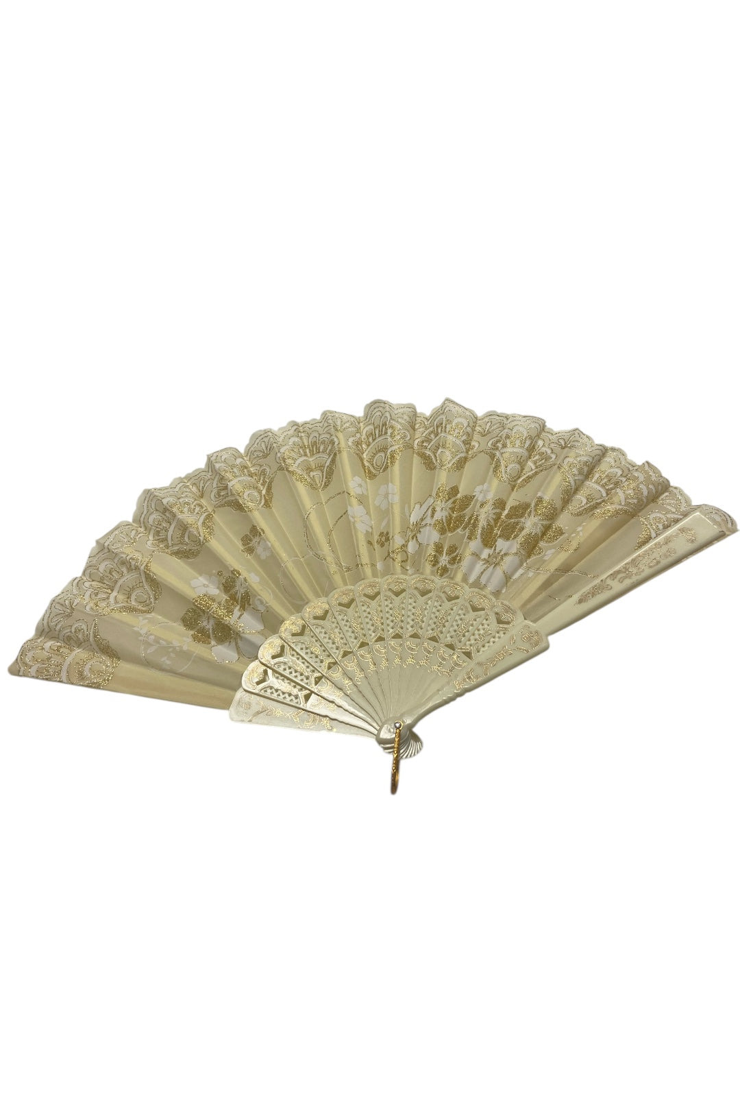 Cream and Gold Hand Fan With Gold Glitter (C)
