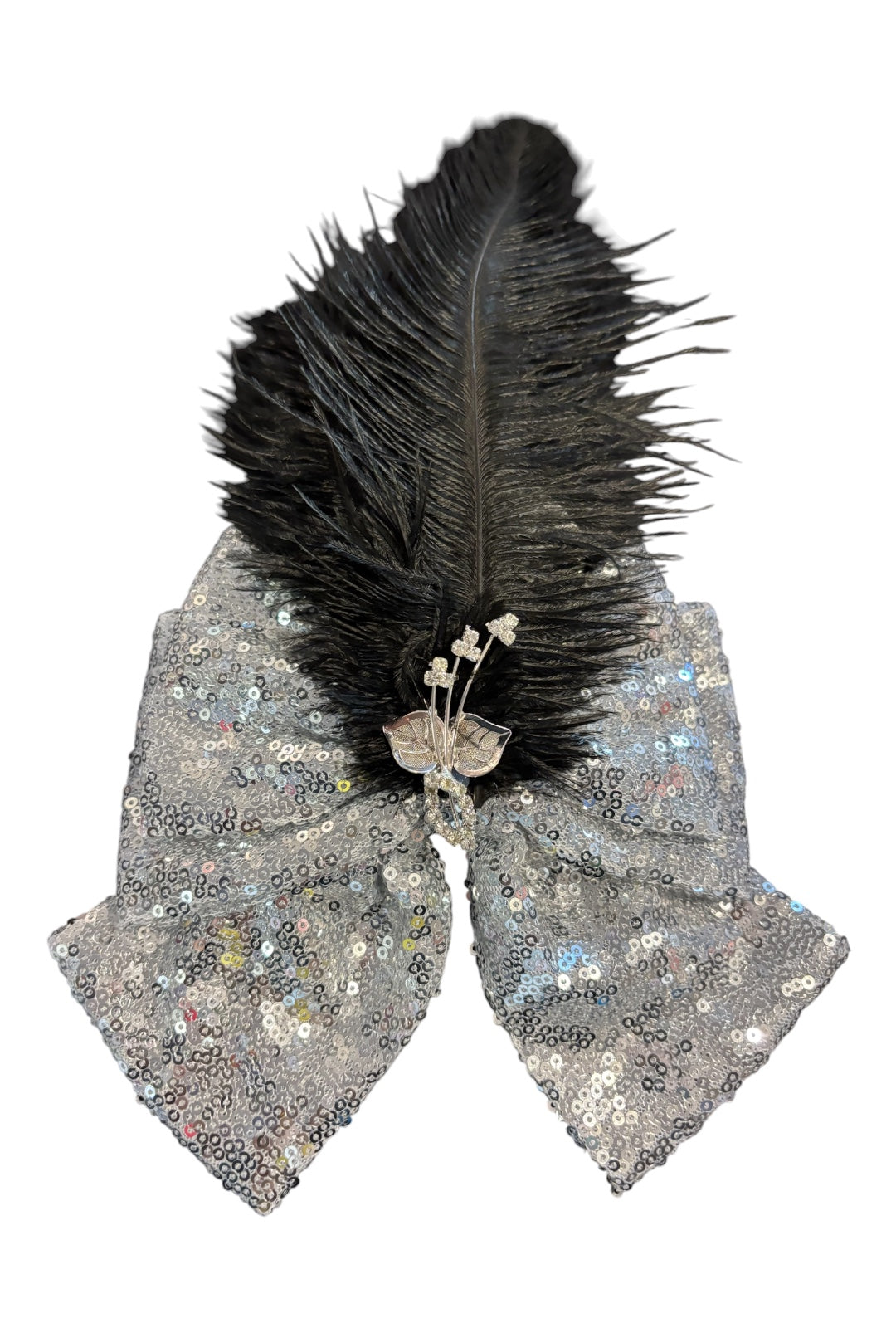 Silver And Black Sequin Bow With Feather
