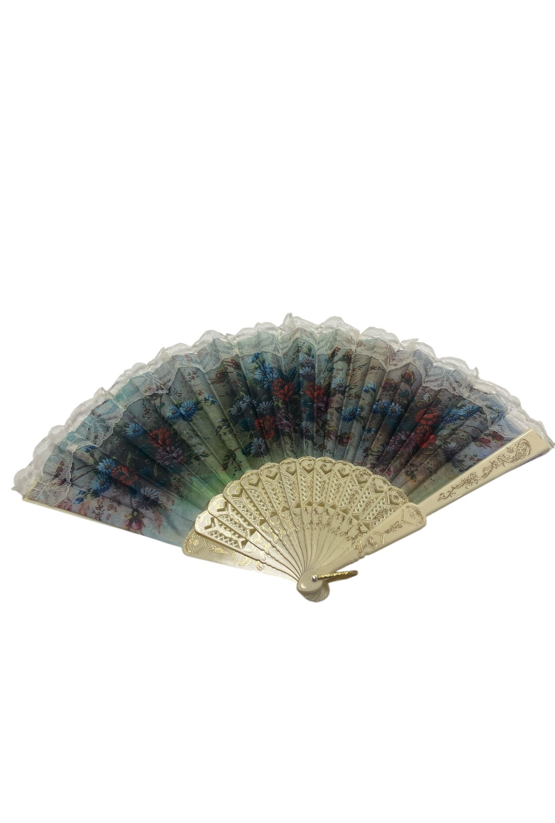 Cream and Gold Hand Fan With Red, Blue and Purple Watercolour Flowers (M)