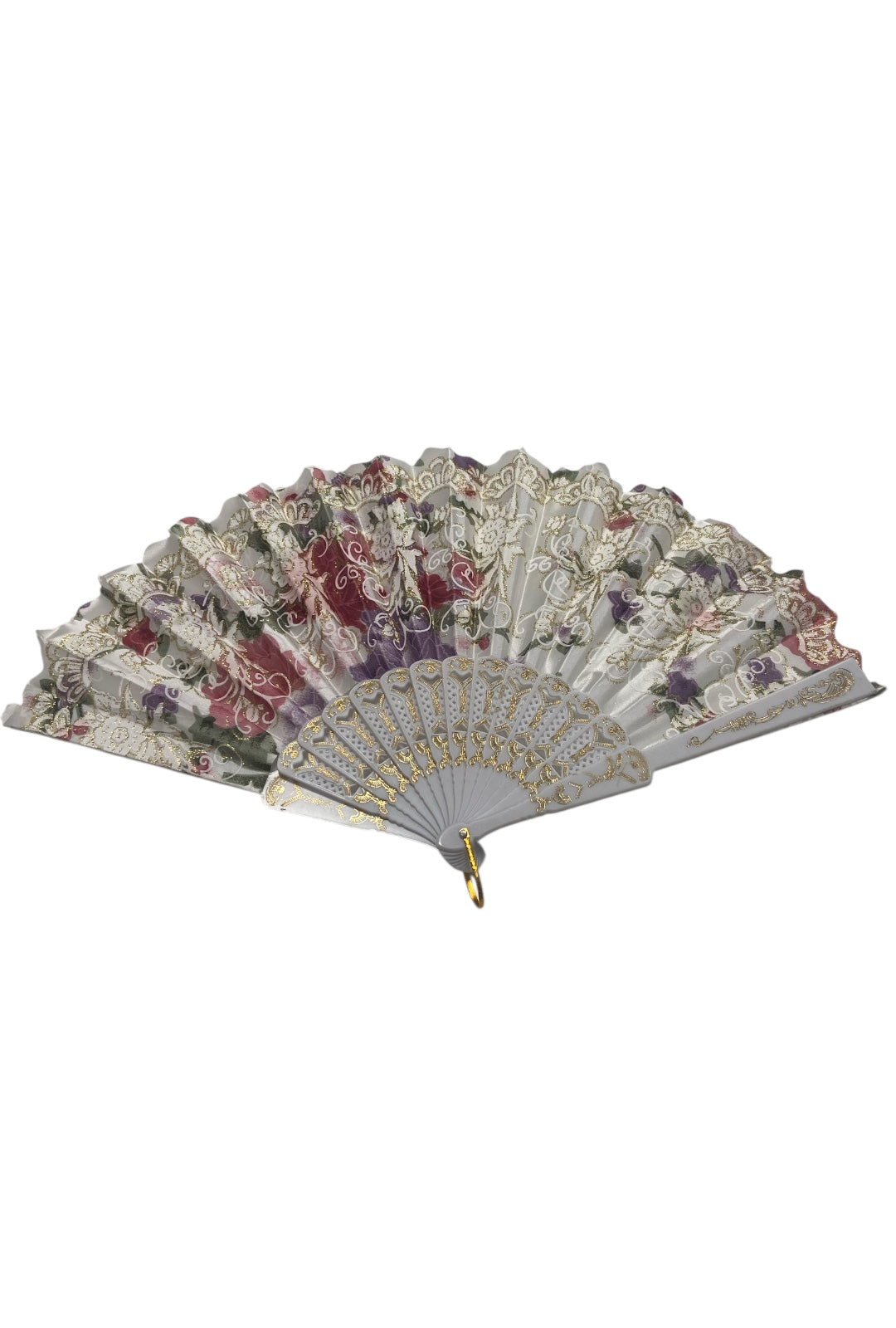 White and Gold Hand Fan With Gold Glitter Flowers