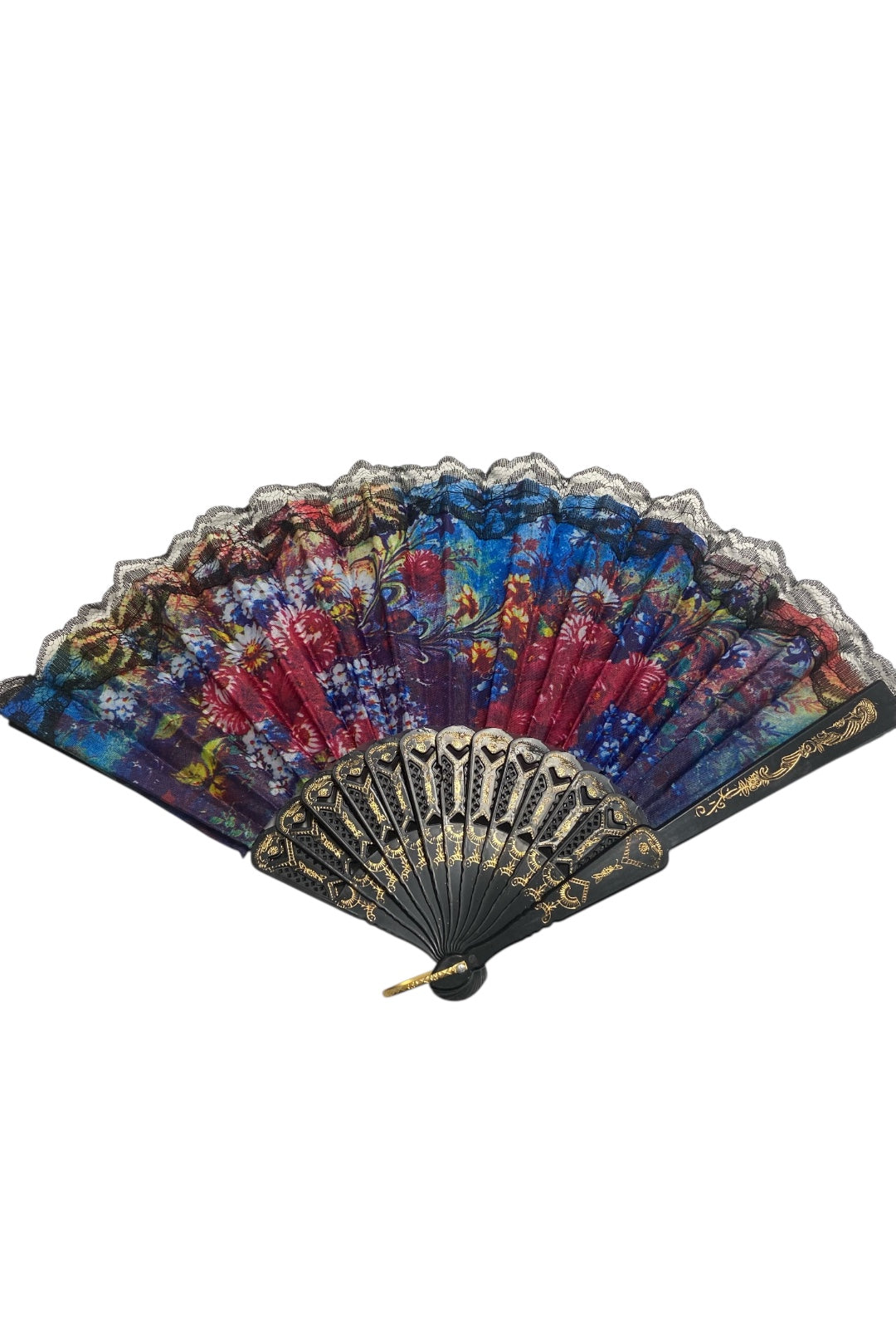 Black and Gold Hand Fan With Watercolour Flowers (T)