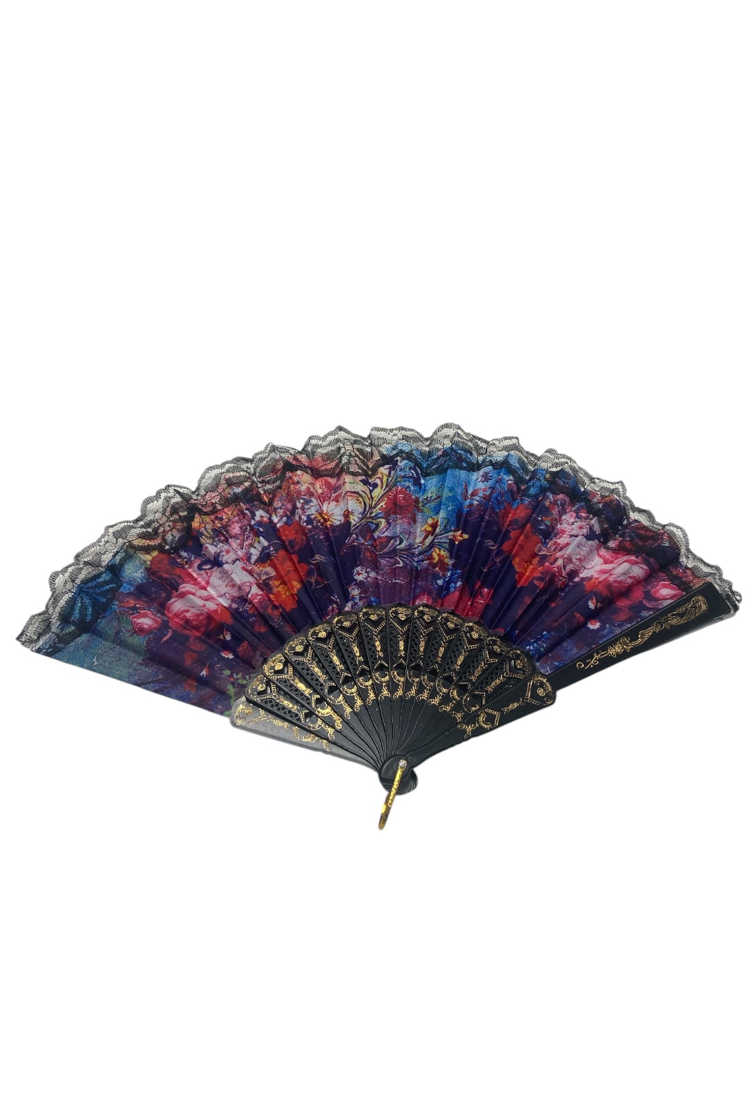 Black and Gold Hand Fan With Red and Pink Watercolour Flowers (I)