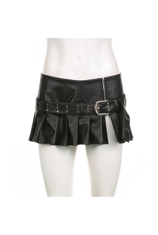 Black Micro Skirt with Pleats and Belt
