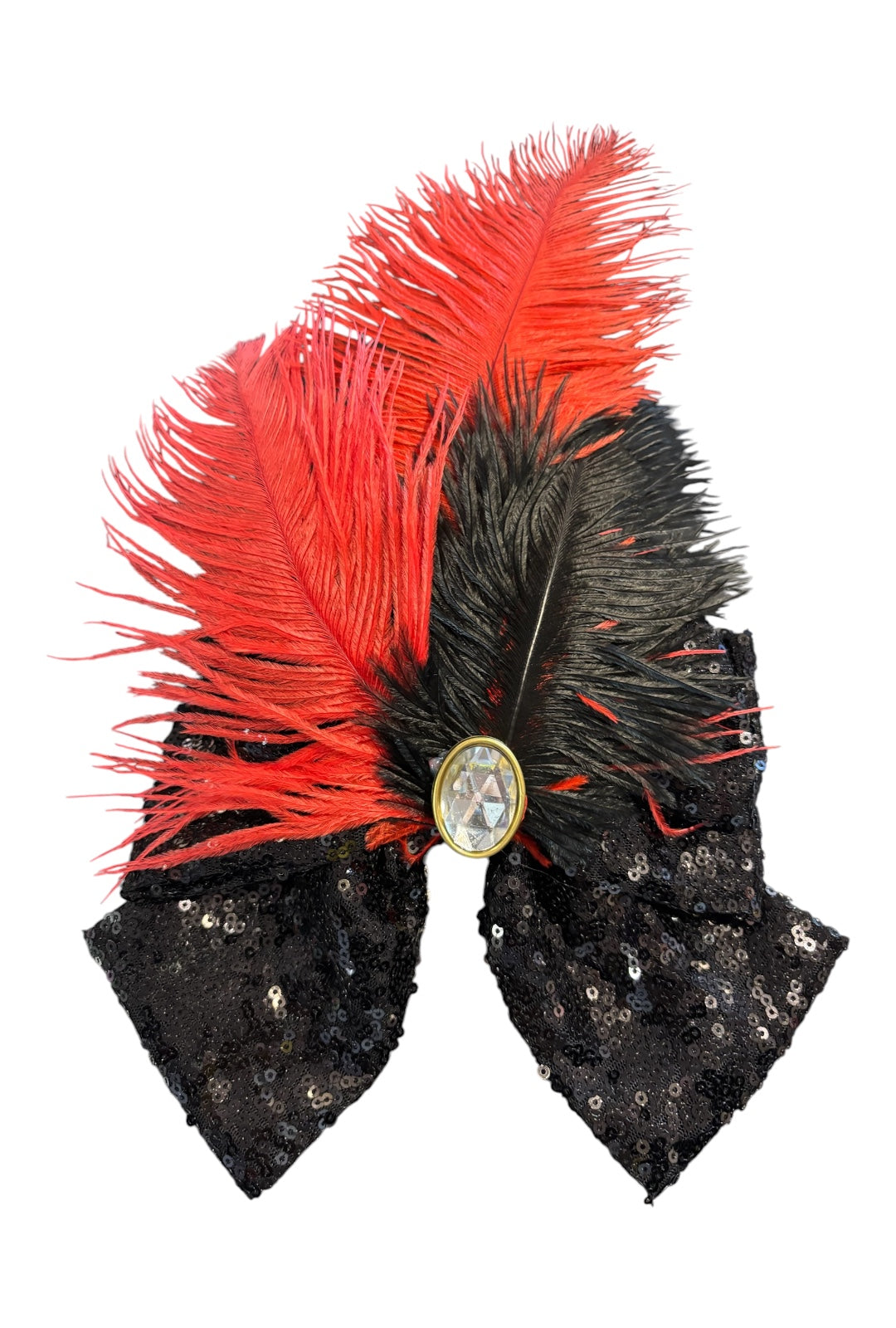Red And Black Sequin Bow With Feather