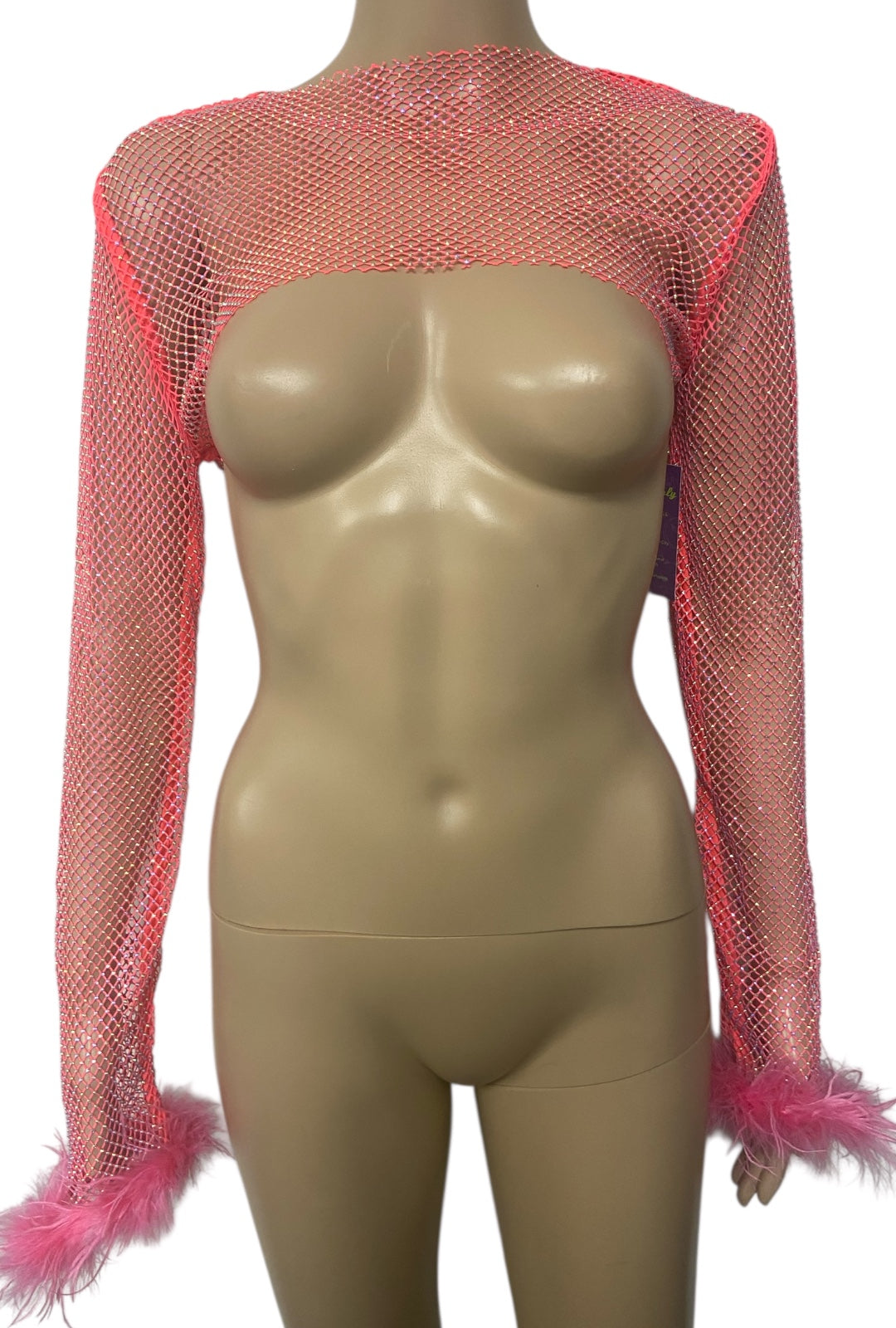 Neon Pink Crystal Ultra-Cropped Shrug Top with Fluffy Trim