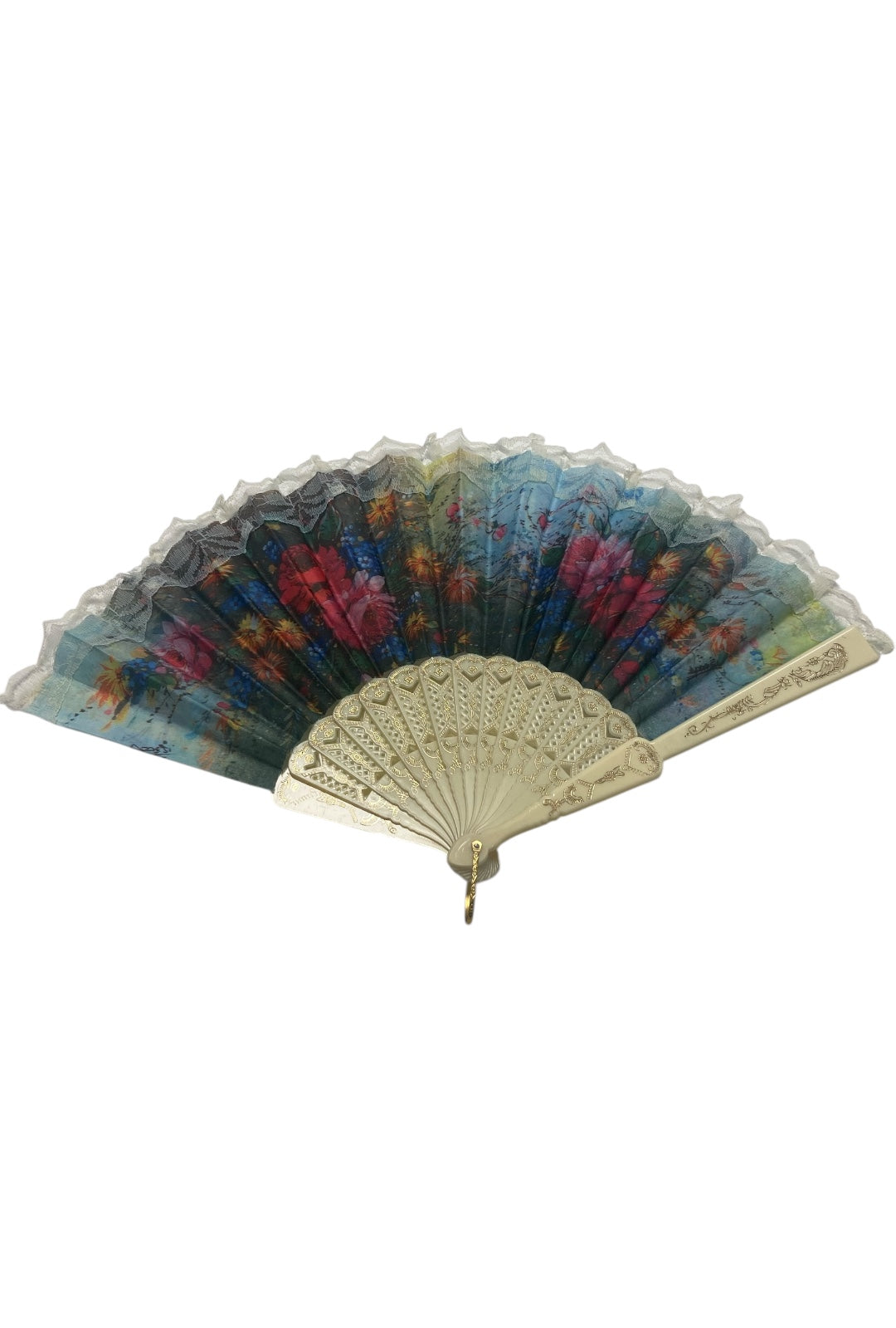 Cream and Gold Hand Fan With Pink and Yellow Watercolour Flowers (P)