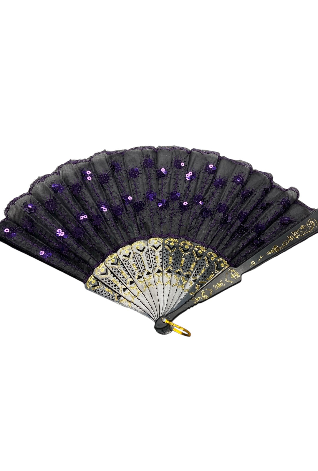 Black Hand Fan With Purple Sequins