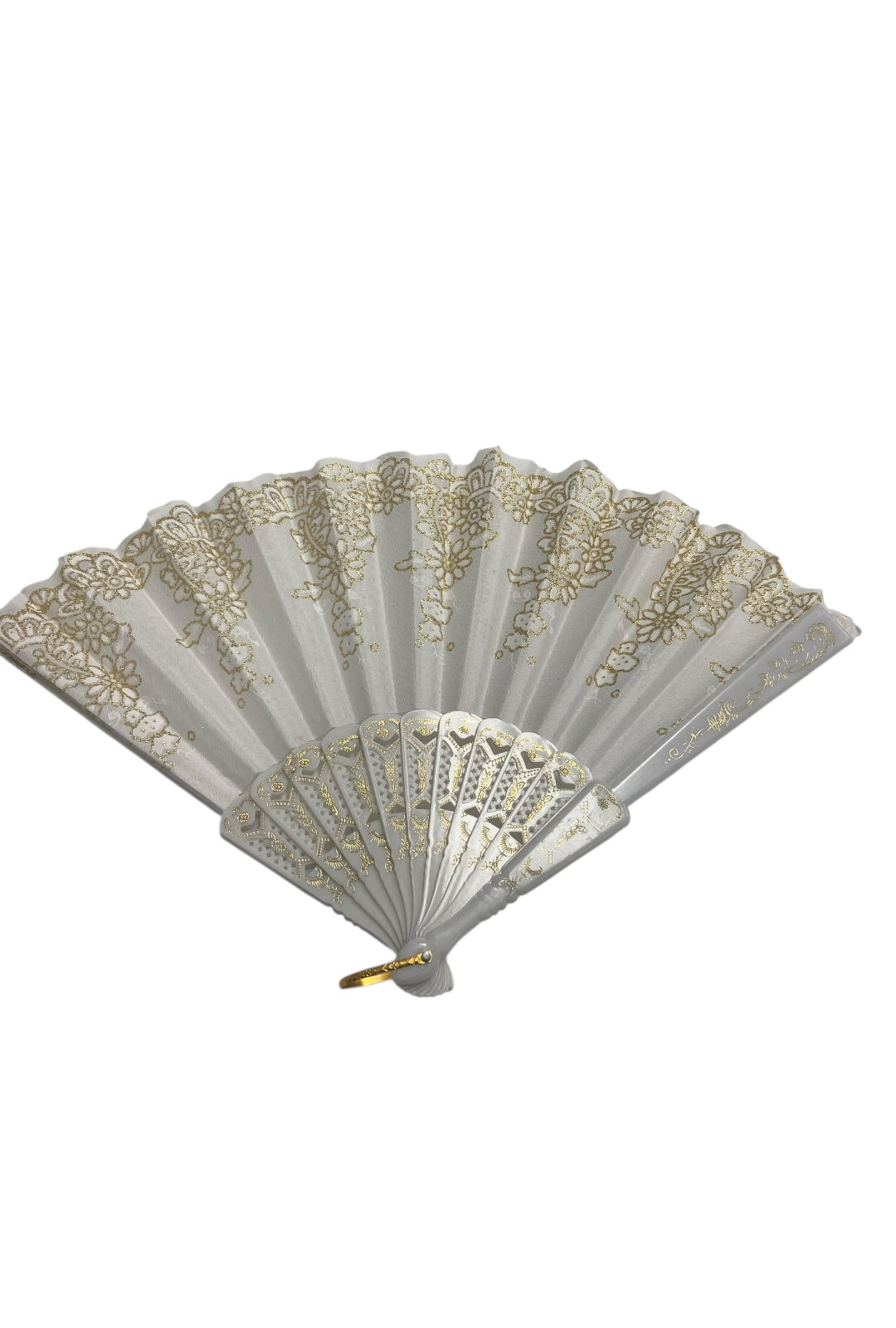 White and Gold Hand Fan With Gold Glitter Detail (J)