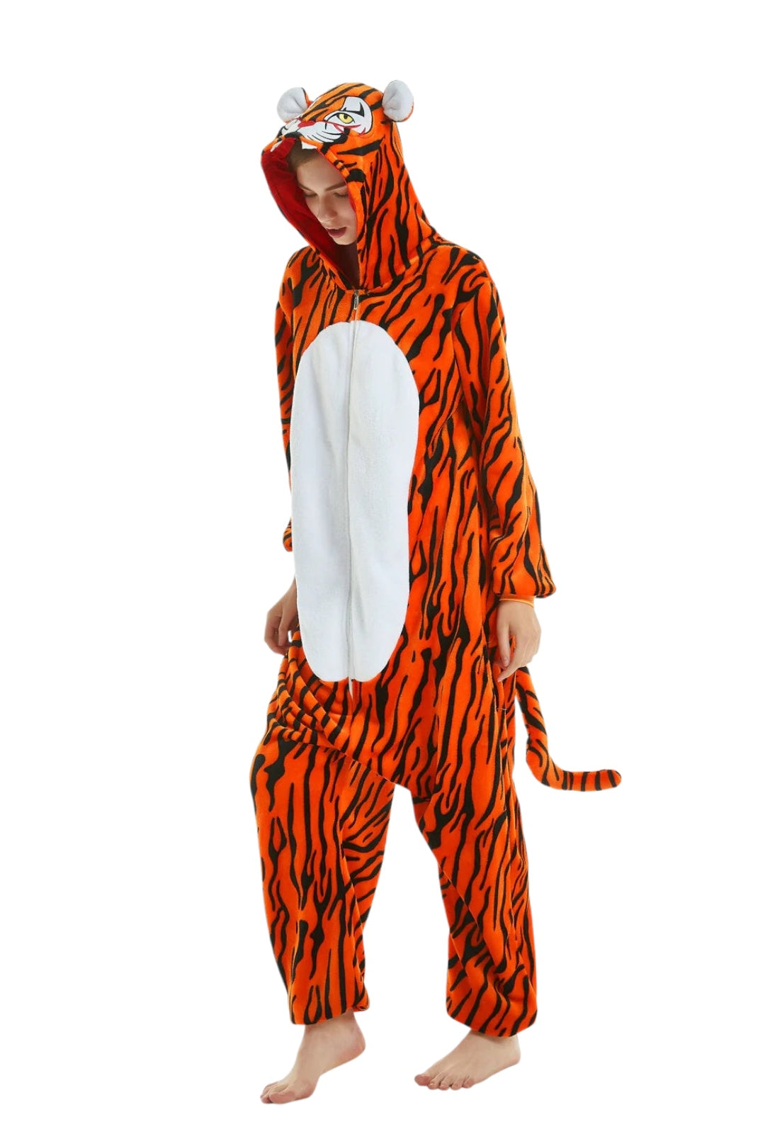 tiger onesie bright orange fleece black stripes jungle chinese