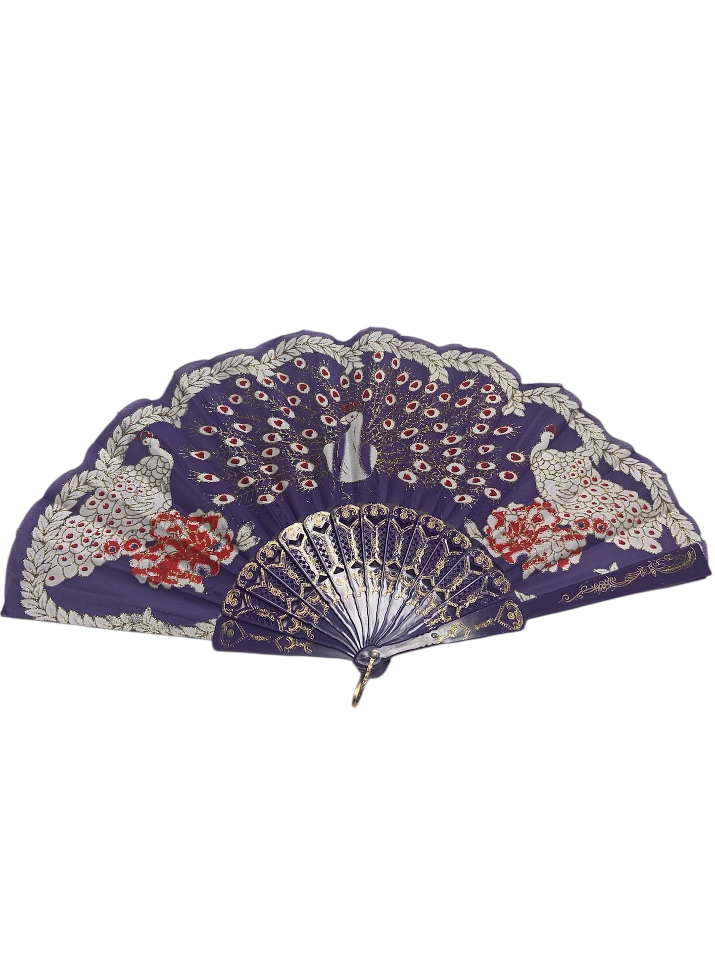 Purple and Gold Hand Fan With Peacock and Roses