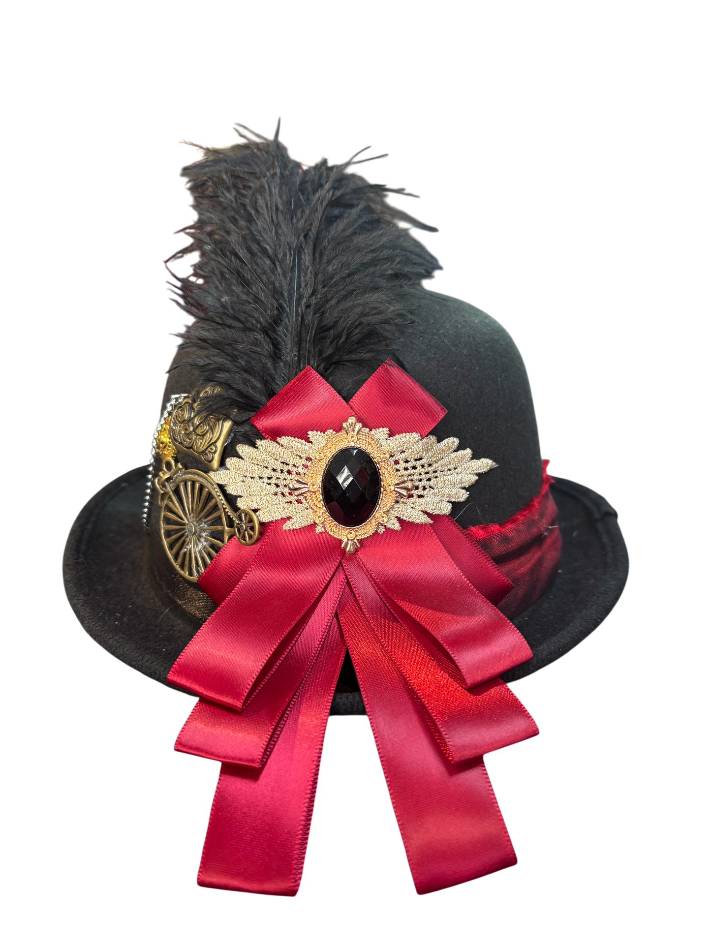 Steampunk Bowler Hat With Red Ribbon And Gem