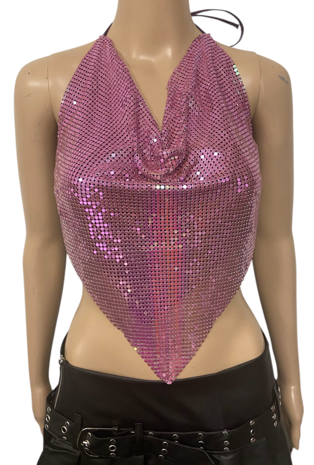 Pink Rhinestone Metal Mesh Crop Top