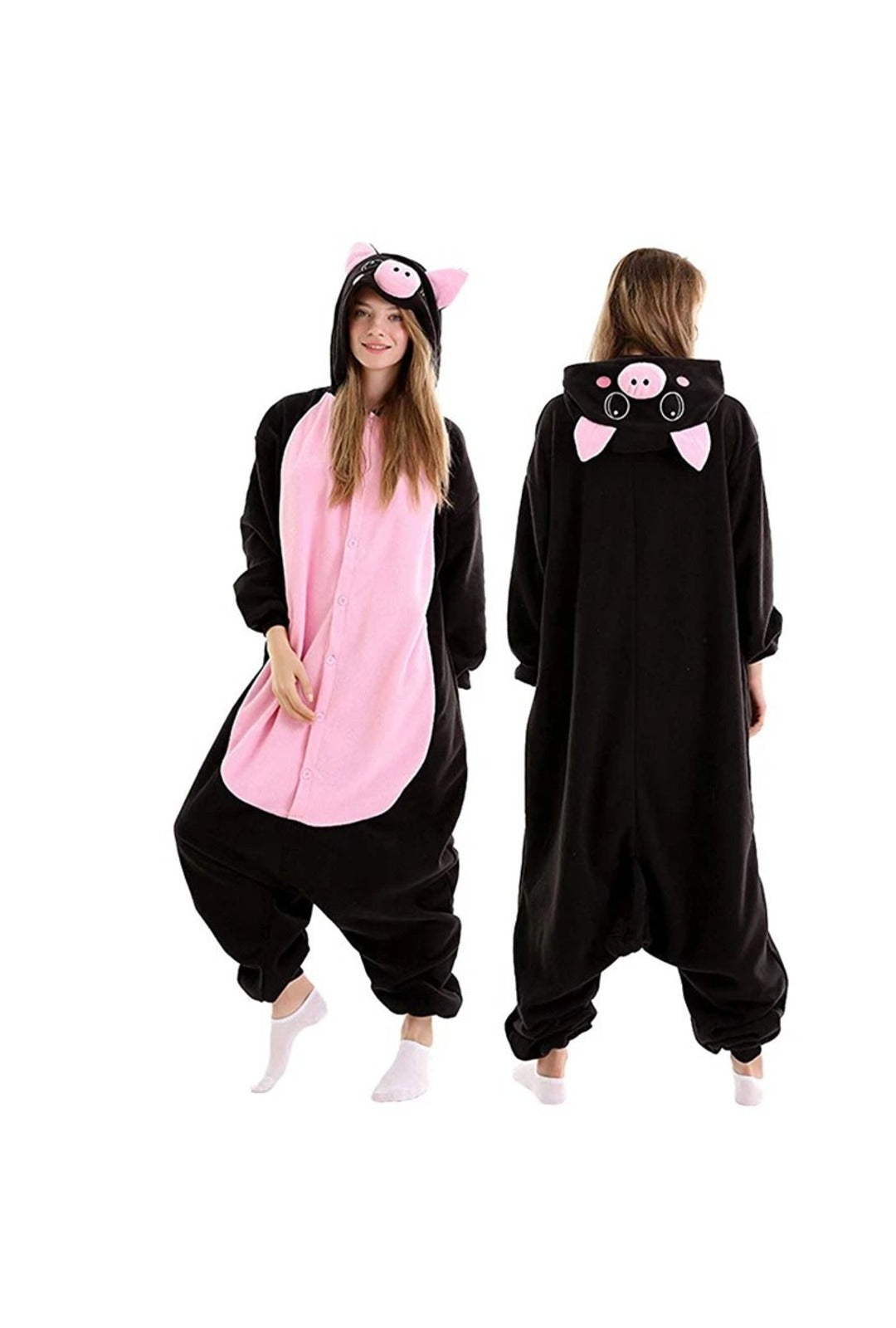 black pig onesie with pink detailing on belly nose and ears