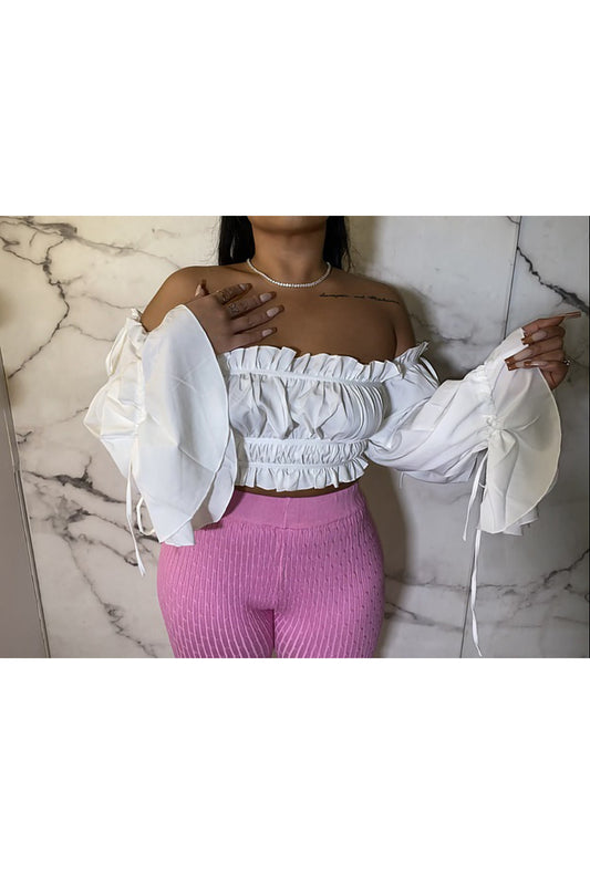 Off White Flared Sleeve Off The Shoulder Top