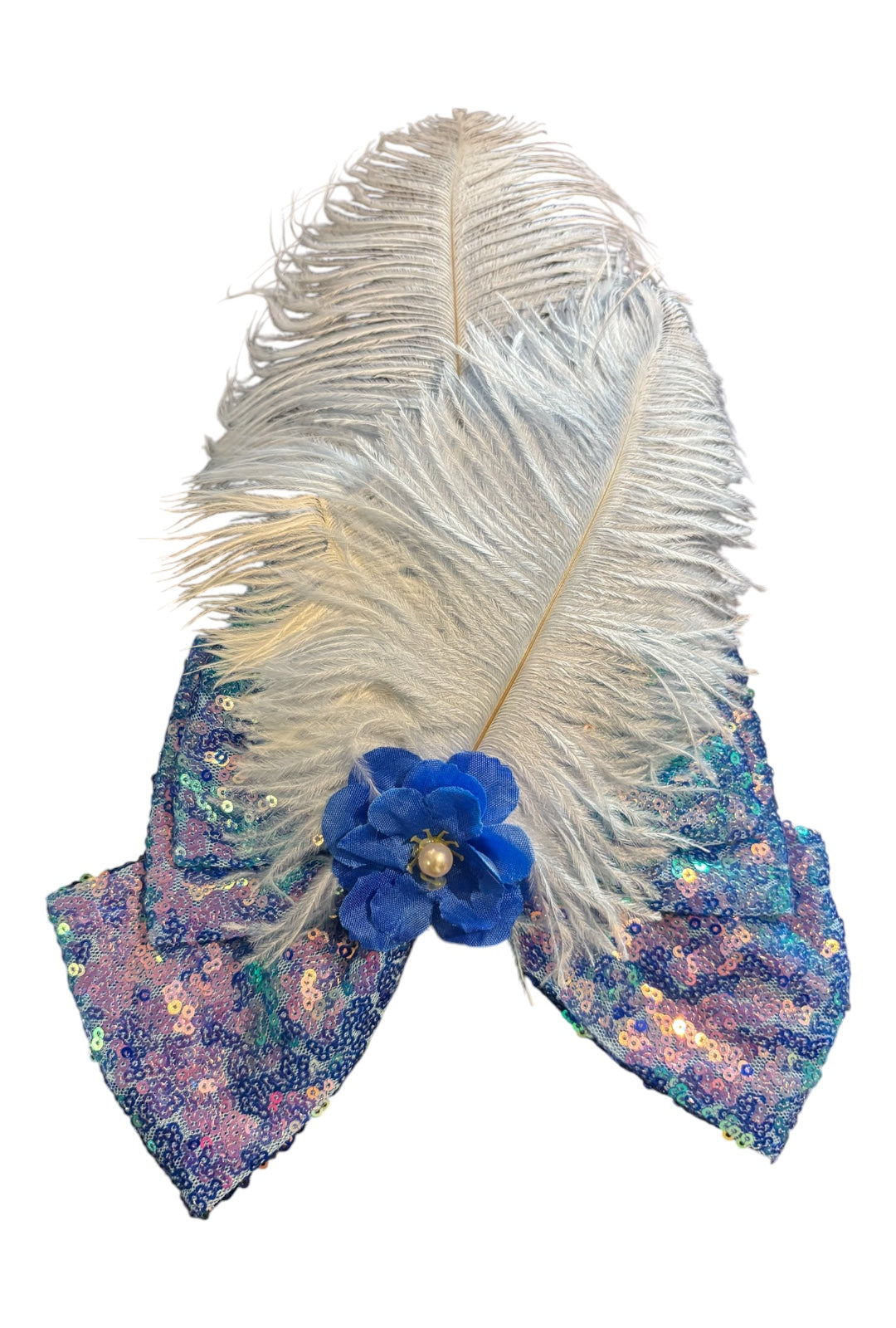 Blue Sequin Bow With Feather