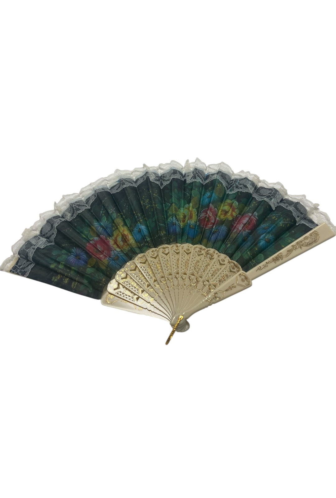 Cream and Gold Hand Fan With Green, Blue, Pink and Yellow Watercolour Flowers (L)