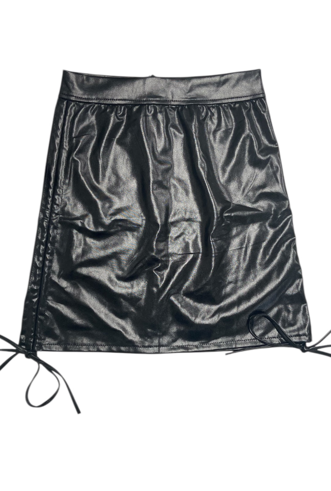 Black Leather-Look Mini Skirt With Drawstrings