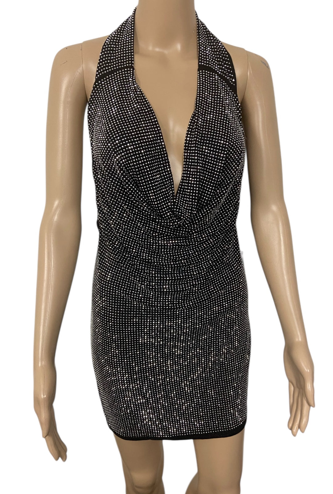 Black Halter Dress With Silver Rhinestones