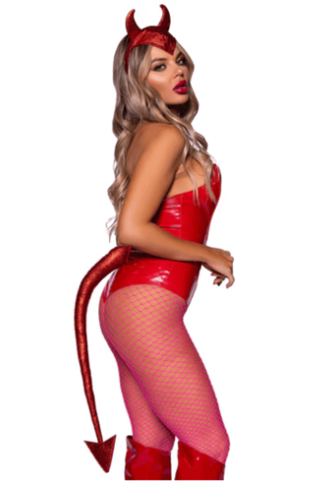 Red Glittery Devil Horns Headband and Pin on Red Glittery Forked Tail