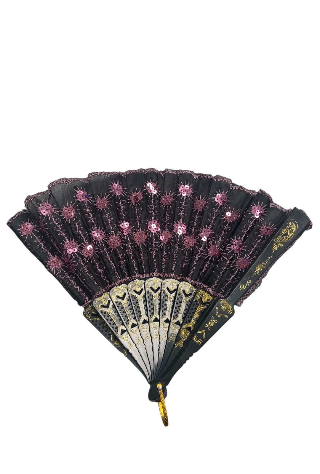 Black Hand Fan With Light Pink Sequins
