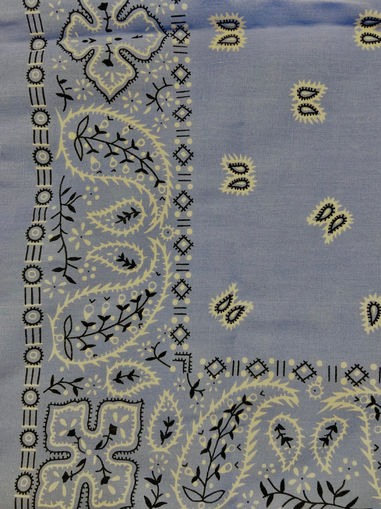 periwinkle blue bandana with white and black paisley print