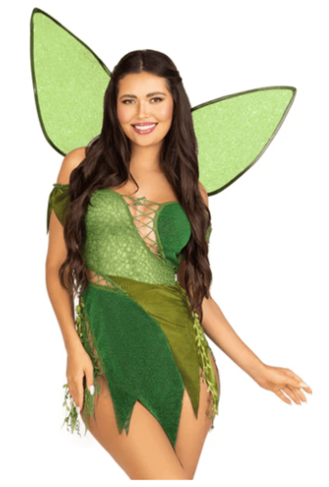 A green patchwork dress with adjustable lace ups and tattered skirt, leaf accents, detachable clear straps, and shimmer fairy wings.