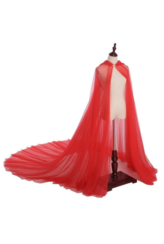 Red Tulle Hooded Cloak with Train