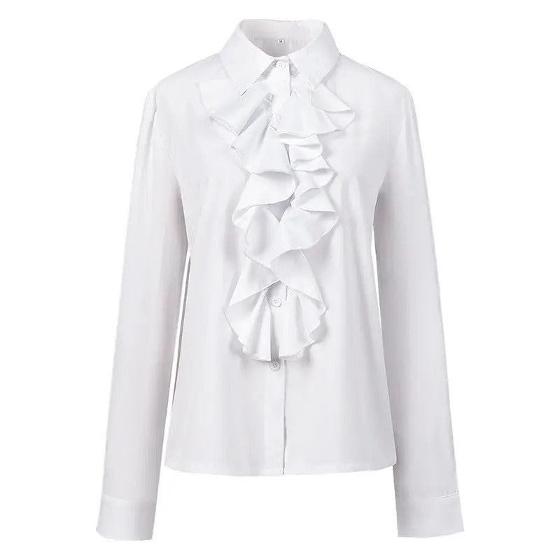 White Ruffle Shirt with Turn Down Collar