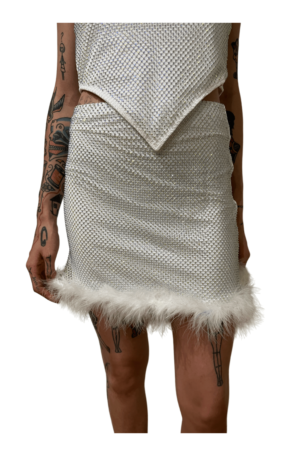 White Rhinestone Mesh Skirt with Fluffy Trim