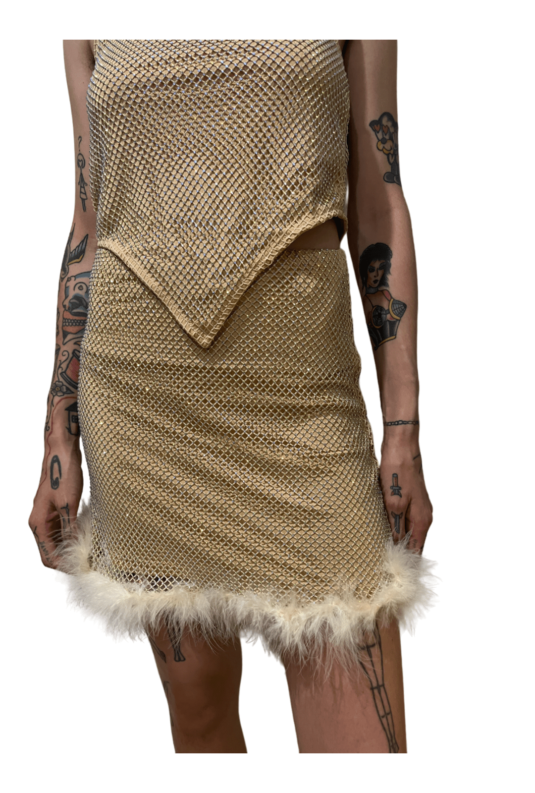 Tan Rhinestone Mesh Skirt with Fluffy Trim