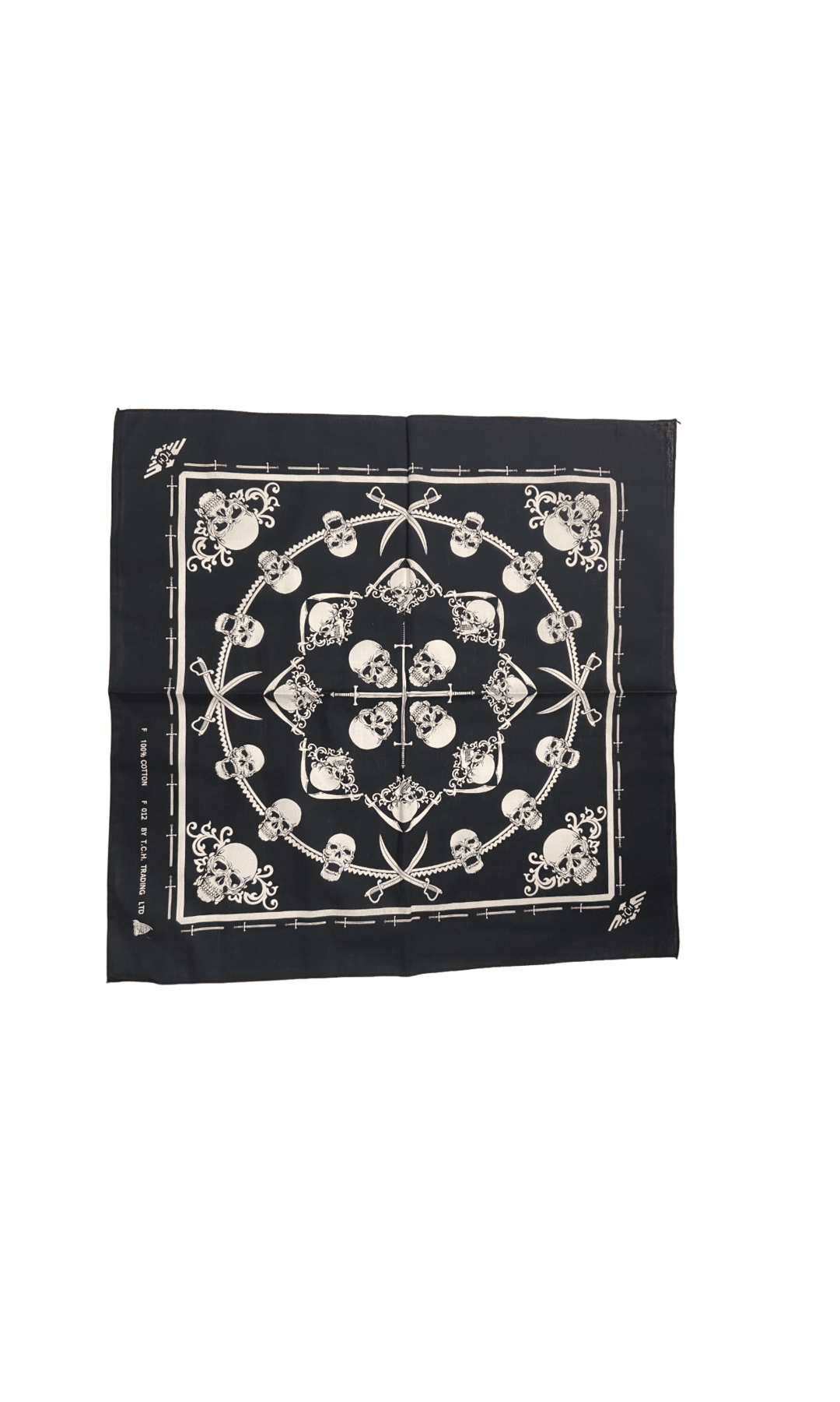 100% black bandana with skulls and swords border